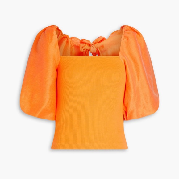 SANDRO NWT slub woven and ribbed-knit Orange Puff Sleeve Women's Top - Picture 1 of 6
